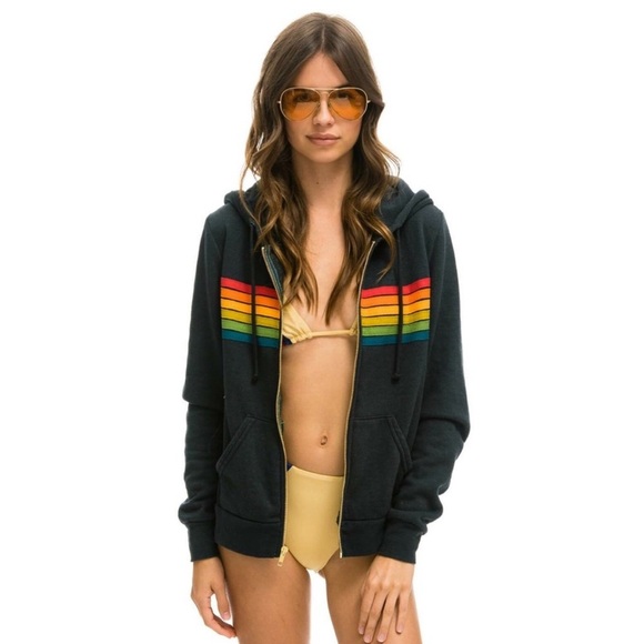 Aviator Nation 6 Stripe Zip Hoodie Charcoal Gray Rainbow Small Beachy Retro Rare - Picture 2 of 13